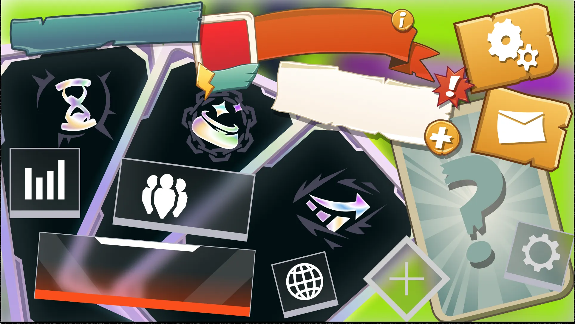 Game UI study collage with stone panels, wooden banners, ribbons, settings and mail buttons and glossy icons