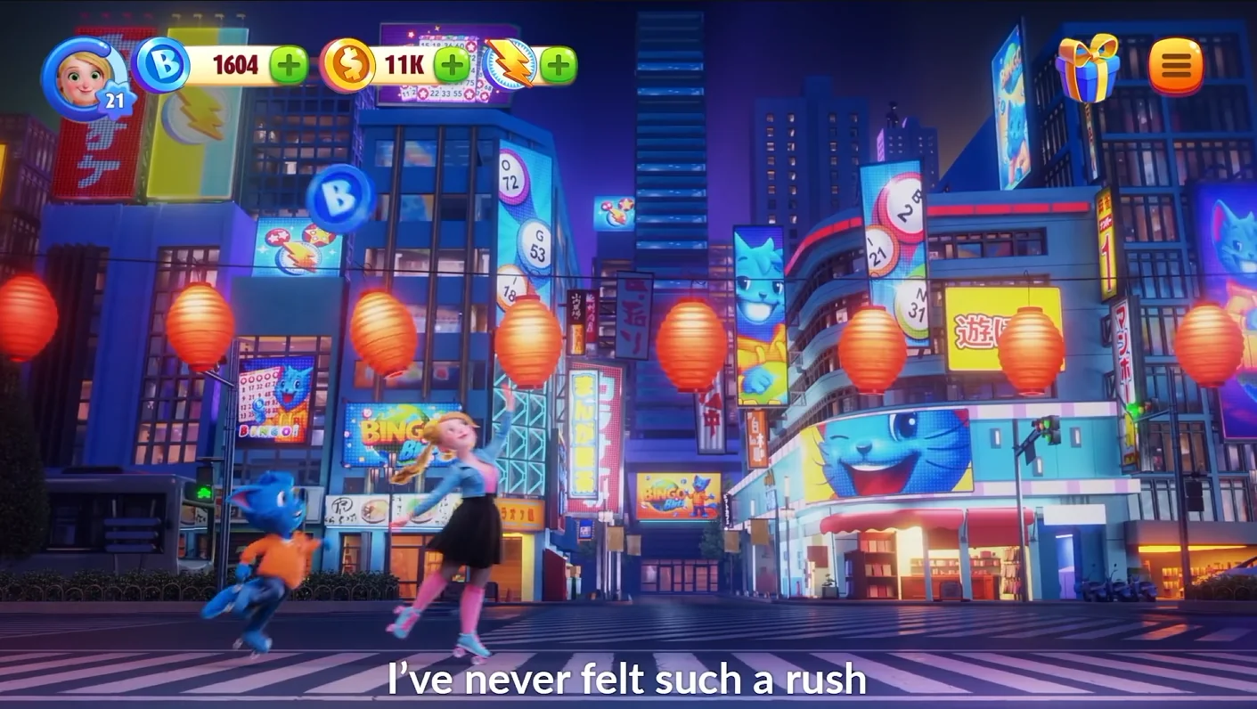 Bingo Blitz music video: Blitzy the cat and a roller-skating girl in a neon city street full of bingo billboards and paper lanterns.
