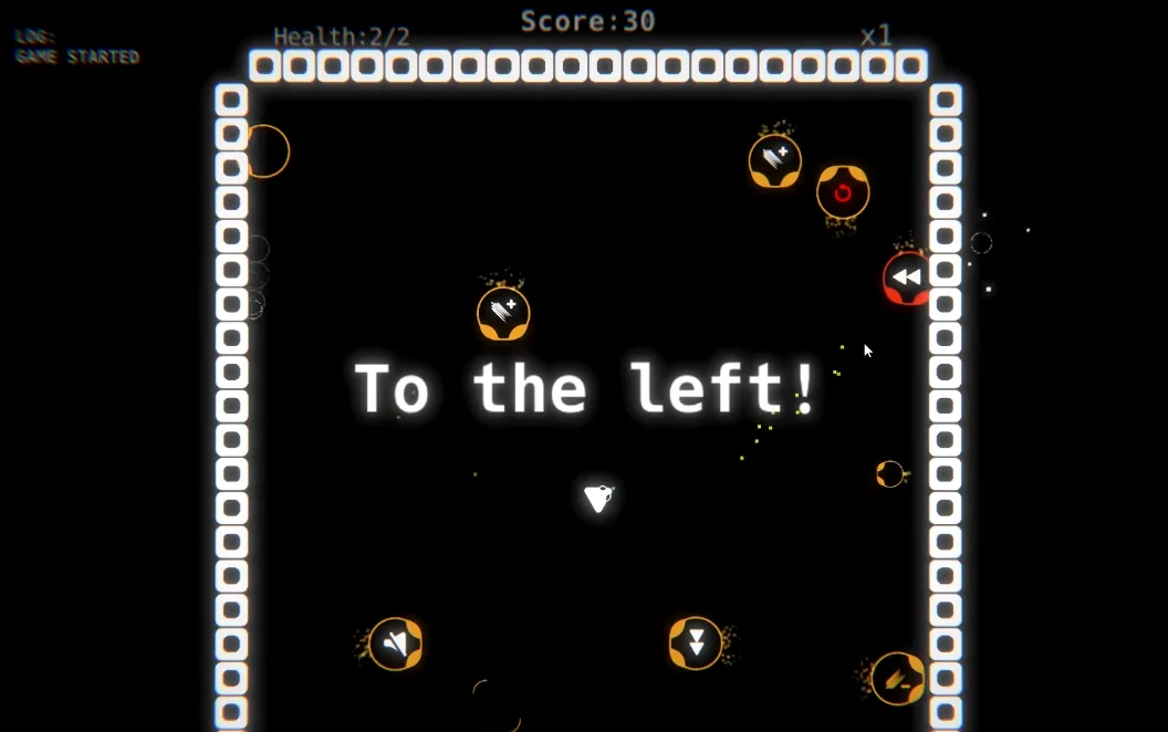 Command: prompt_ gameplay: a glowing white arena on black, orange icon enemies, a small ship and the instruction “To the left!” in monospace type.