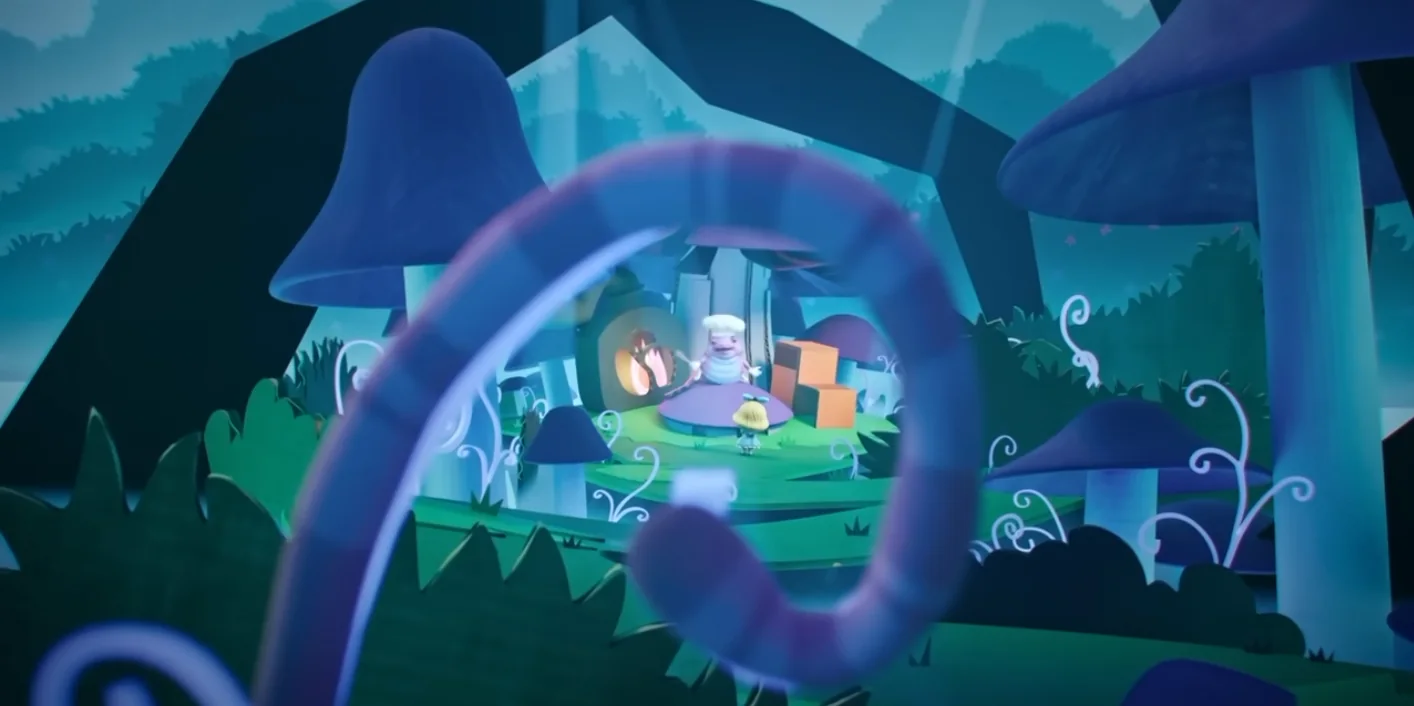 Joy Joy World's Wonderland: a blue mushroom forest seen through a curling vine, with a small Alice and a chef character by an oven.