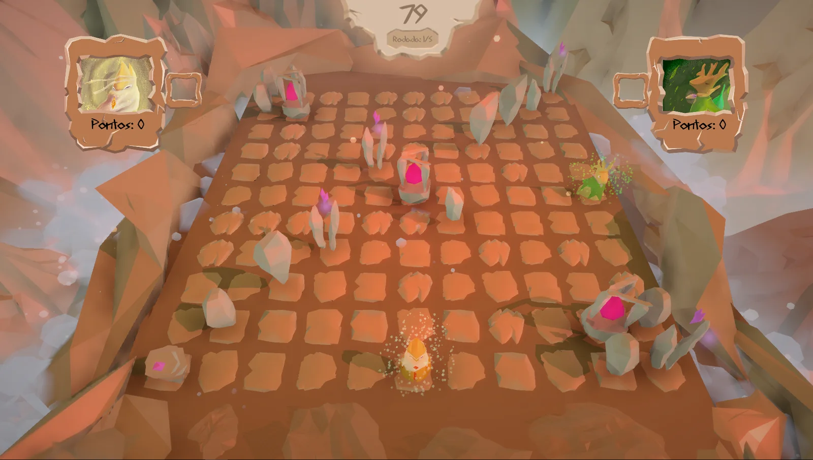 Quarins gameplay: a low-poly canyon arena with orange stone tiles, crystal clusters with glowing pink gems and two elemental characters.
