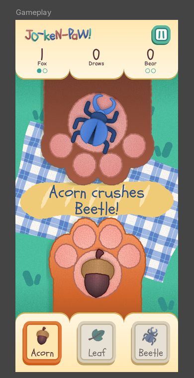 Final Jo-Ken-Paw! screen: the bear's paw holds a beetle and the fox's paw holds an acorn across a gingham blanket, with 'Acorn crushes Beetle!' on a baguette.