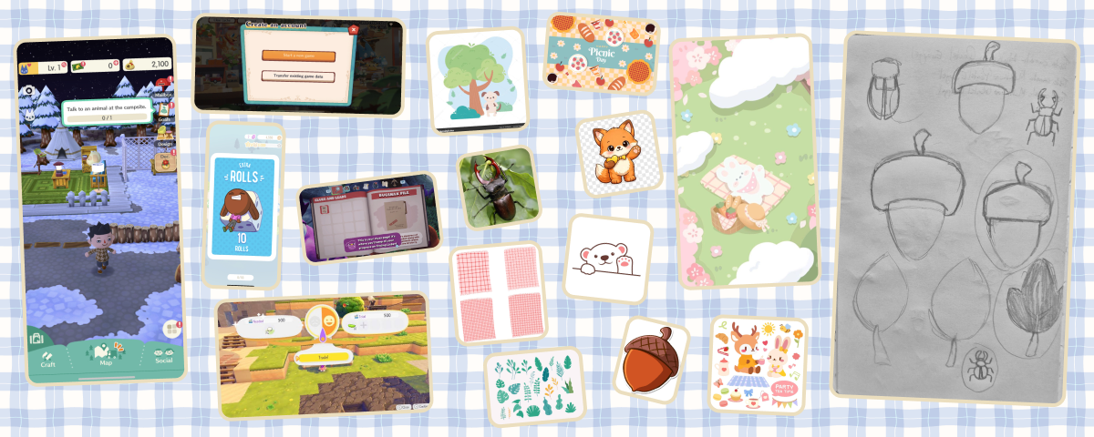 Moodboard on a blue gingham background: cozy game interfaces, fox, bear and deer illustrations, an acorn, a stag beetle, leaves and pencil sketches.