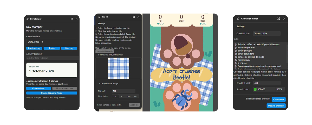 Three Figma plugin panels: Day stamper, Tile fill and Checklist maker.