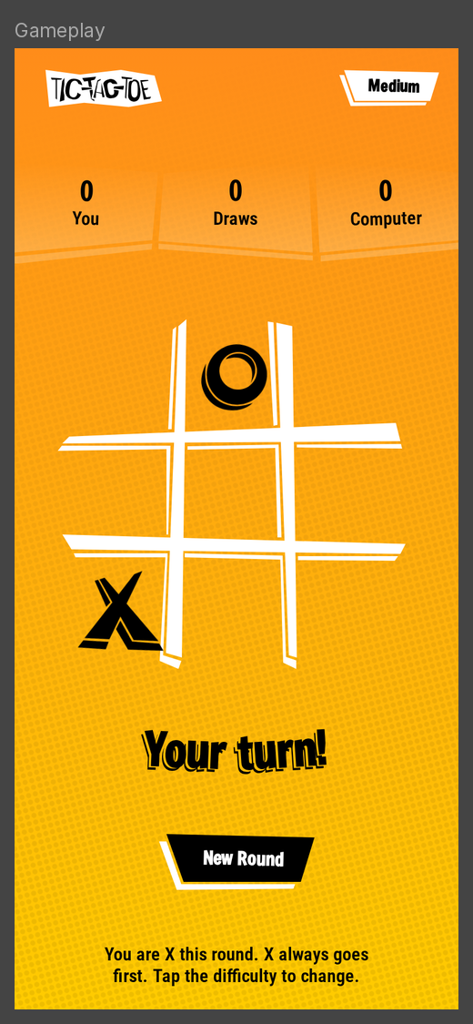 Tic-Tac-Toe game screen with scores, a hand-drawn grid and a New Round button.