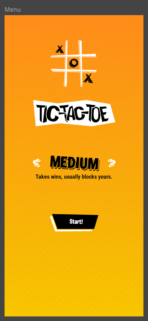 Tic-Tac-Toe start screen: hand-drawn grid logo, the title on a jagged white banner, a Medium difficulty selector and a slanted Start! button.