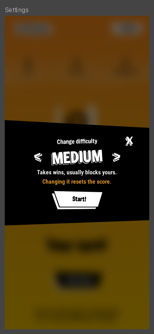 Change difficulty modal over the blurred game, warning that changing it resets the score.