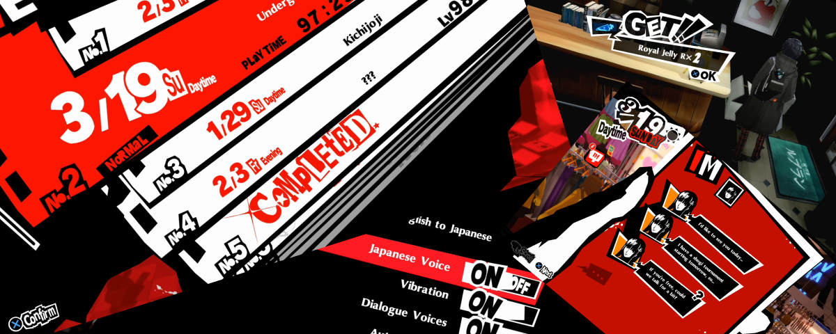 Persona 5 Royal menus: red, black and white panels cut at sharp angles, tilted type and bold toggles.