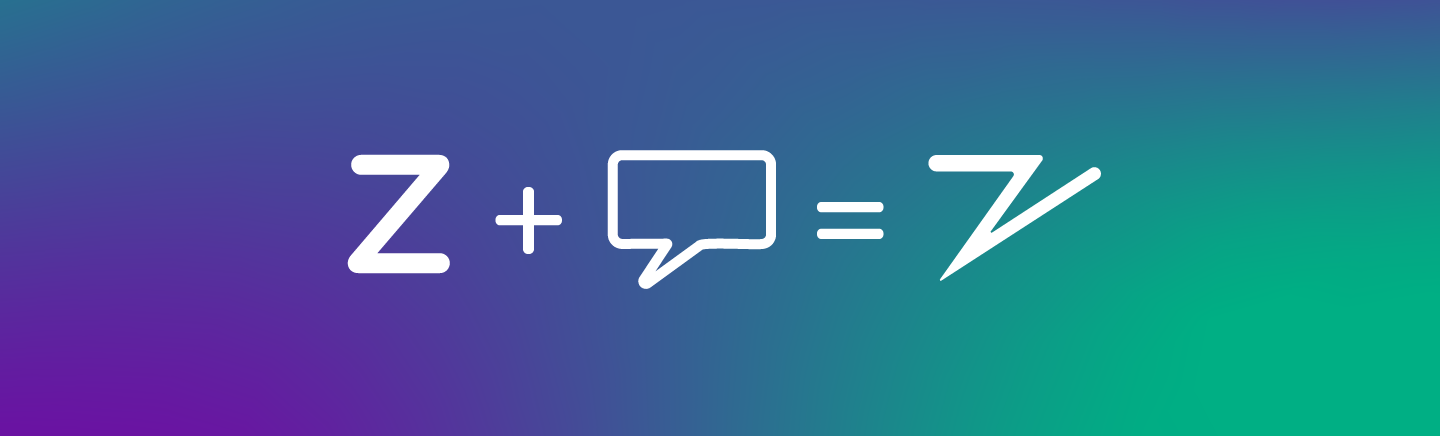 Zapper logo construction: the letter Z plus a speech bubble equals the Zapper logomark, on a purple to green gradient