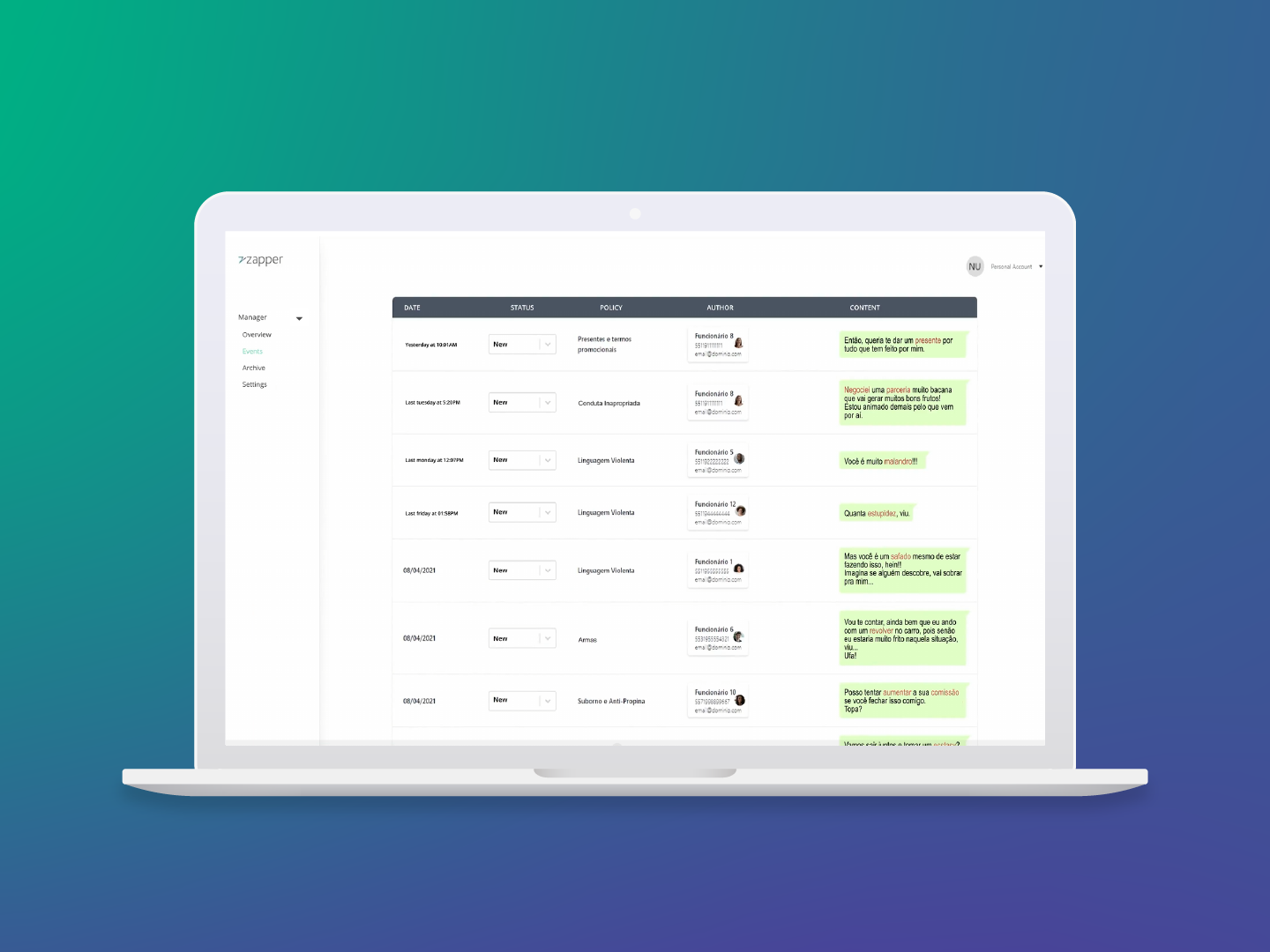 Zapper platform: Events panel showing flagged WhatsApp messages with date, status, policy category, author and message preview columns