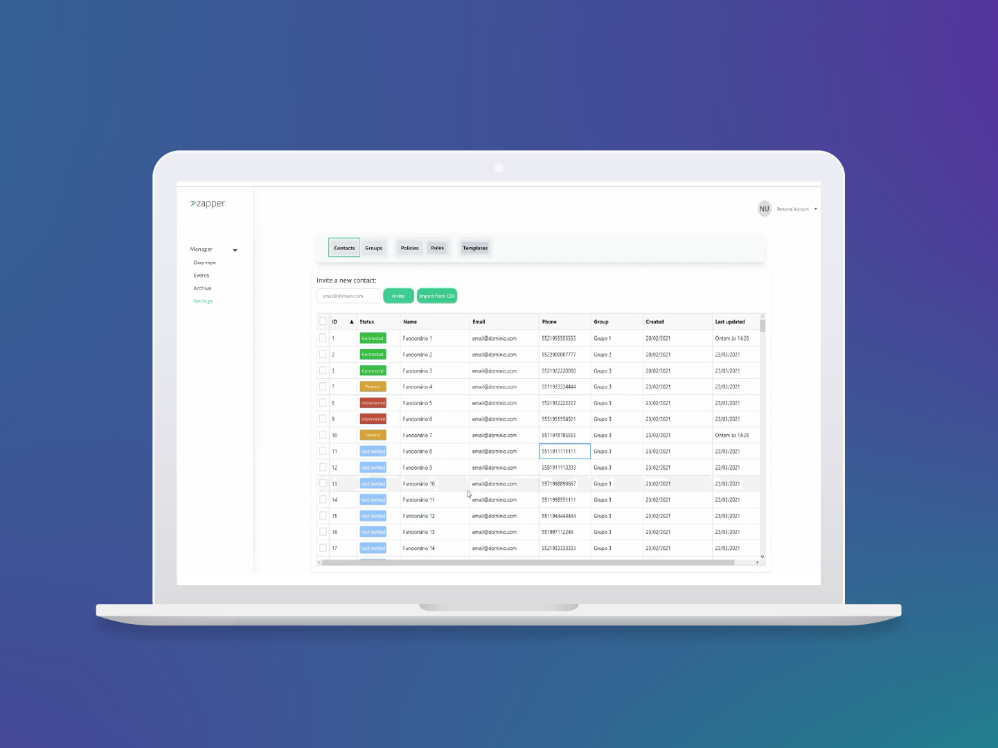 Contacts management: employee list with color-coded connection status badges